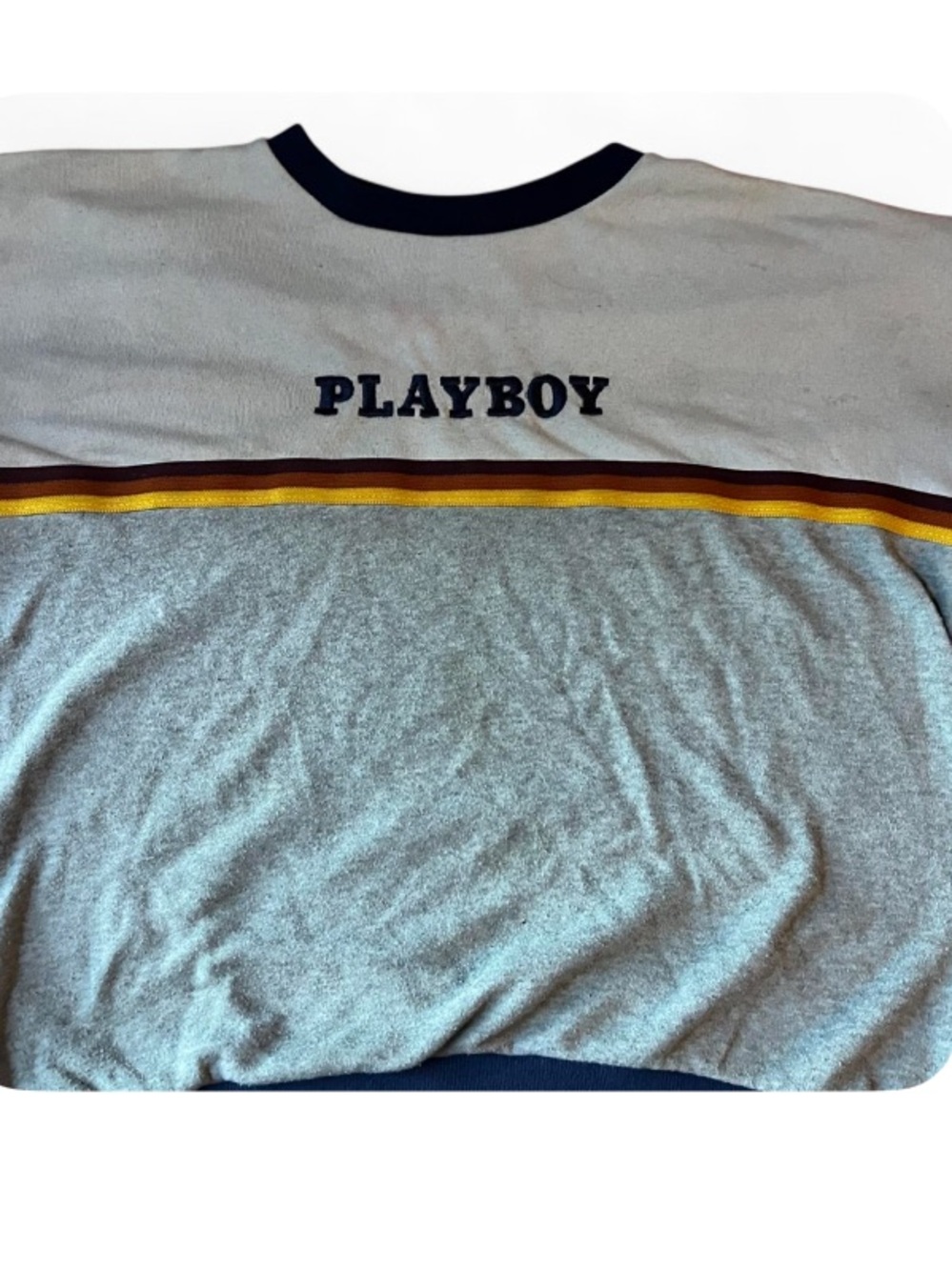 PLAYBOY White Tee with Navy Collar and Gold & Navy Stripes